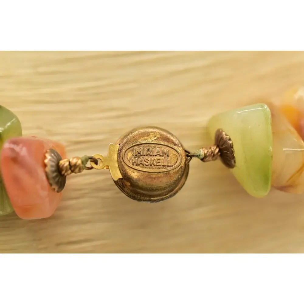 Miriam Haskell Lucite Stone Beaded Necklace Gold Green Orange Signed 1950s BinBN